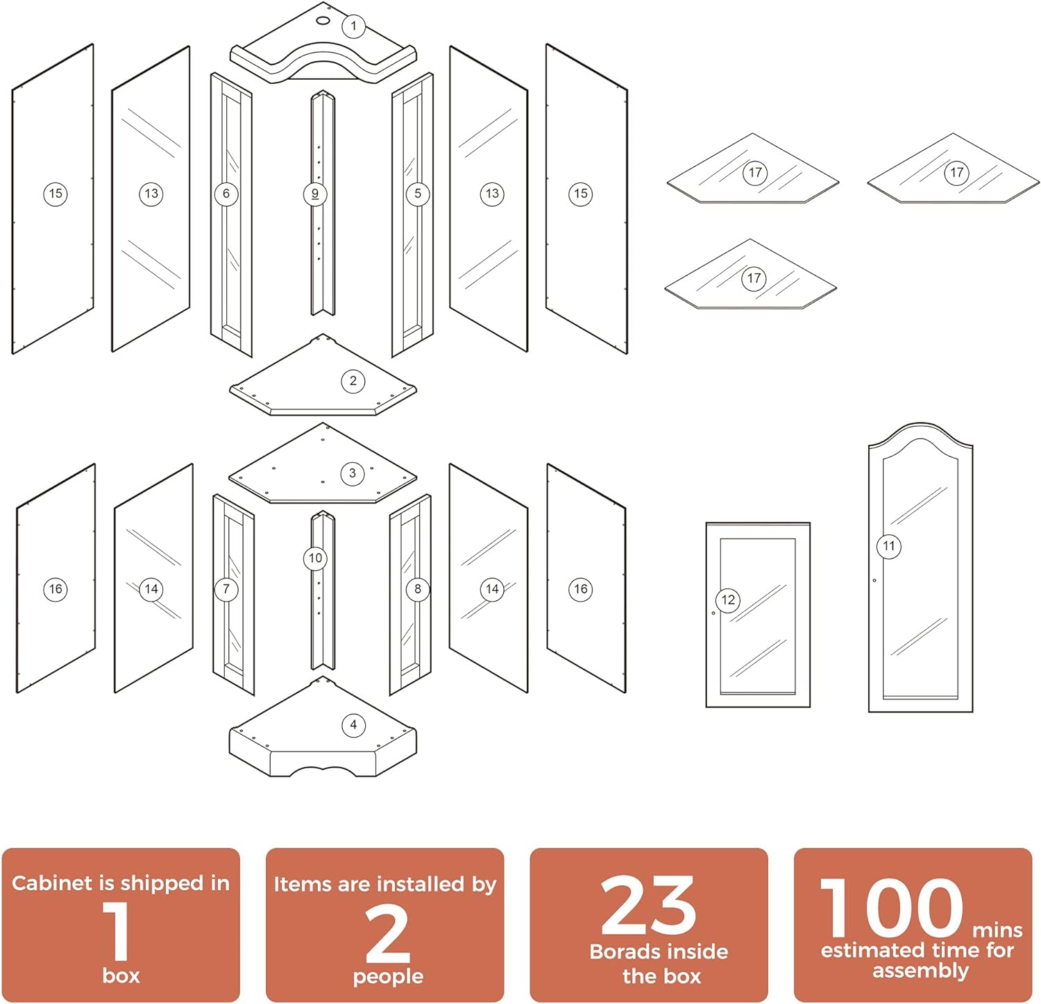 Corner Curio cabinet, adjustable tempered glass frame, rearview mirror, display cabinet, walnut wood (excluding E26 bulbs) eprolo