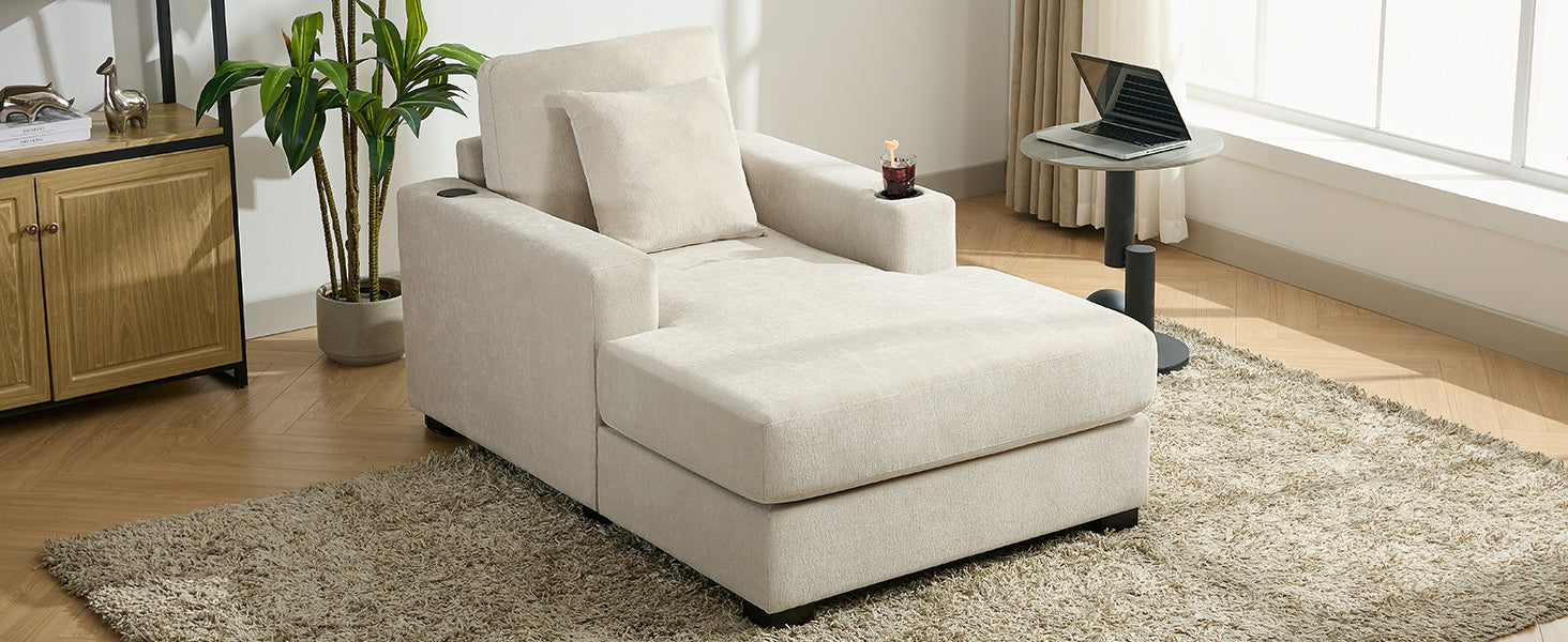 39.7" Oversized Chaise Lounger Modern Style Sofa Couch ,with Pillows, Charge Station & Cup Holders, Chenille Fabric, Cream Shello Creative Boutique