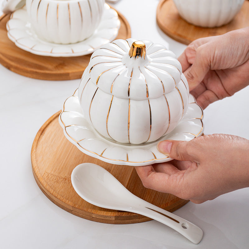 Creative Ceramic Pumpkin Cup, Steamed Egg Cup, Stewed Pot with Cover, Pure White Mini Bird's Nest Cup, Soup Cup eprolo