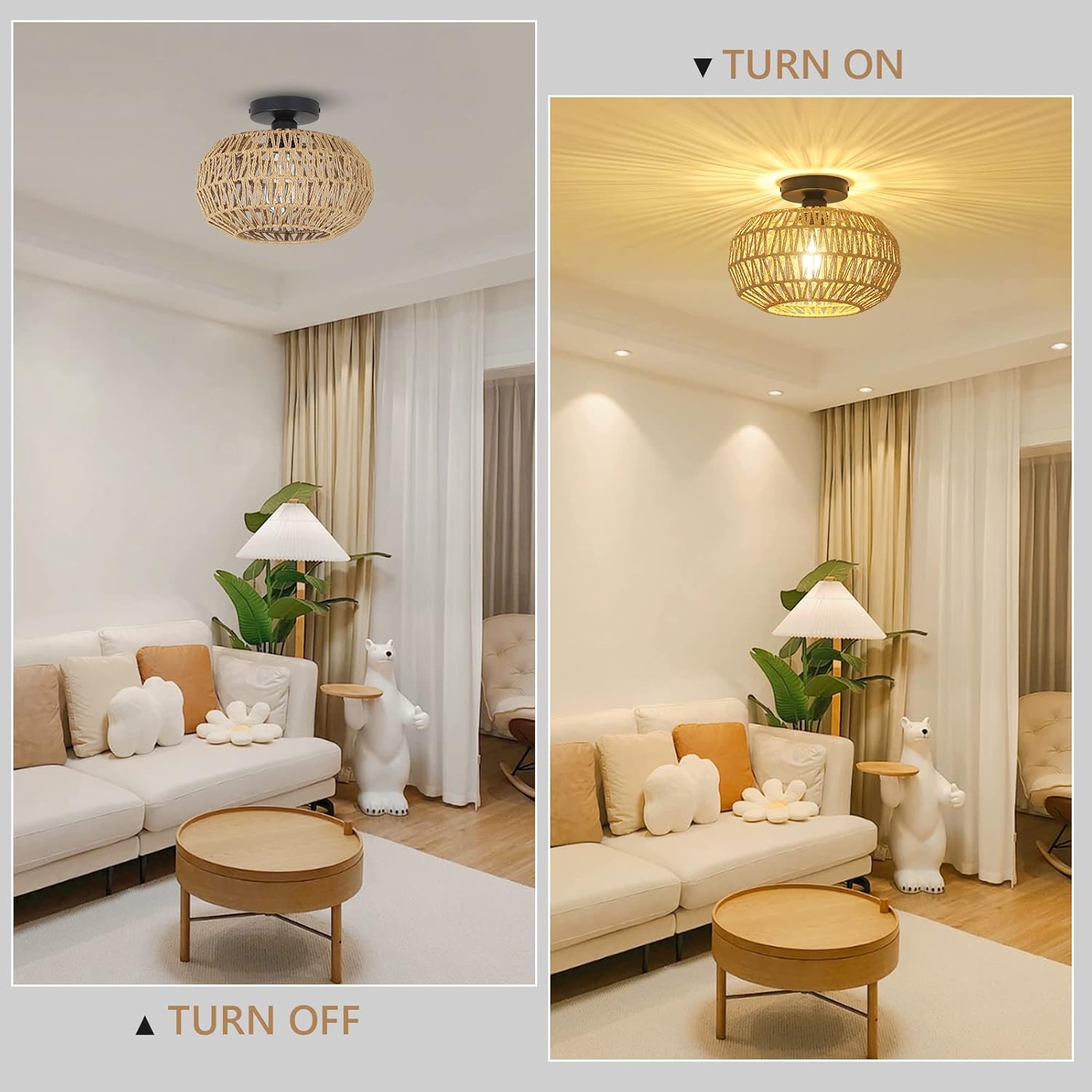Rattan Light Fixtures Ceiling Mount,Boho Ceiling Light Fixture with Dimmable LED Bulb Mini Hand Woven Rattan eprolo