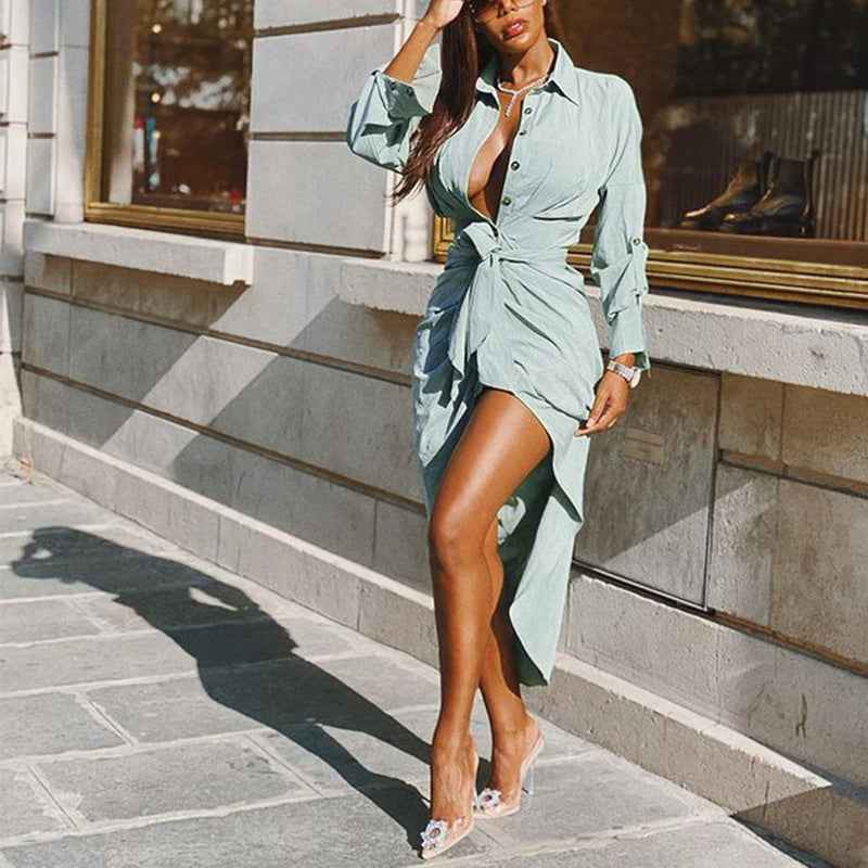 Women's Temperament Sexy Lace Waist Slim Pleated Long Back Shirt Dress
