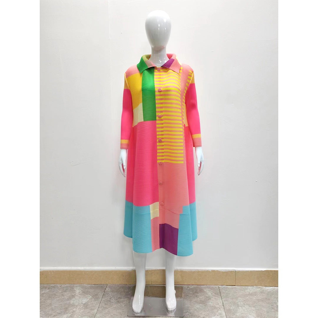 Miyake style spring pleated color blocked printed long sleeved cardigan fashionable casual plus size dress for women eprolo