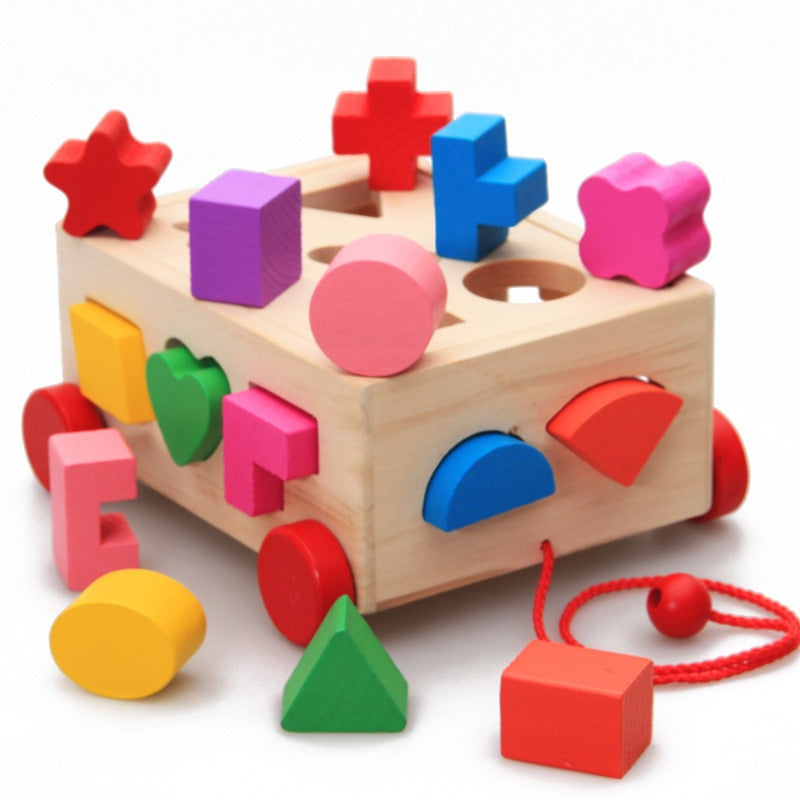 Pulling a 15 hole car intelligence box for children aged 0-3, shape matching of educational toys, baby color recognition building blocks eprolo