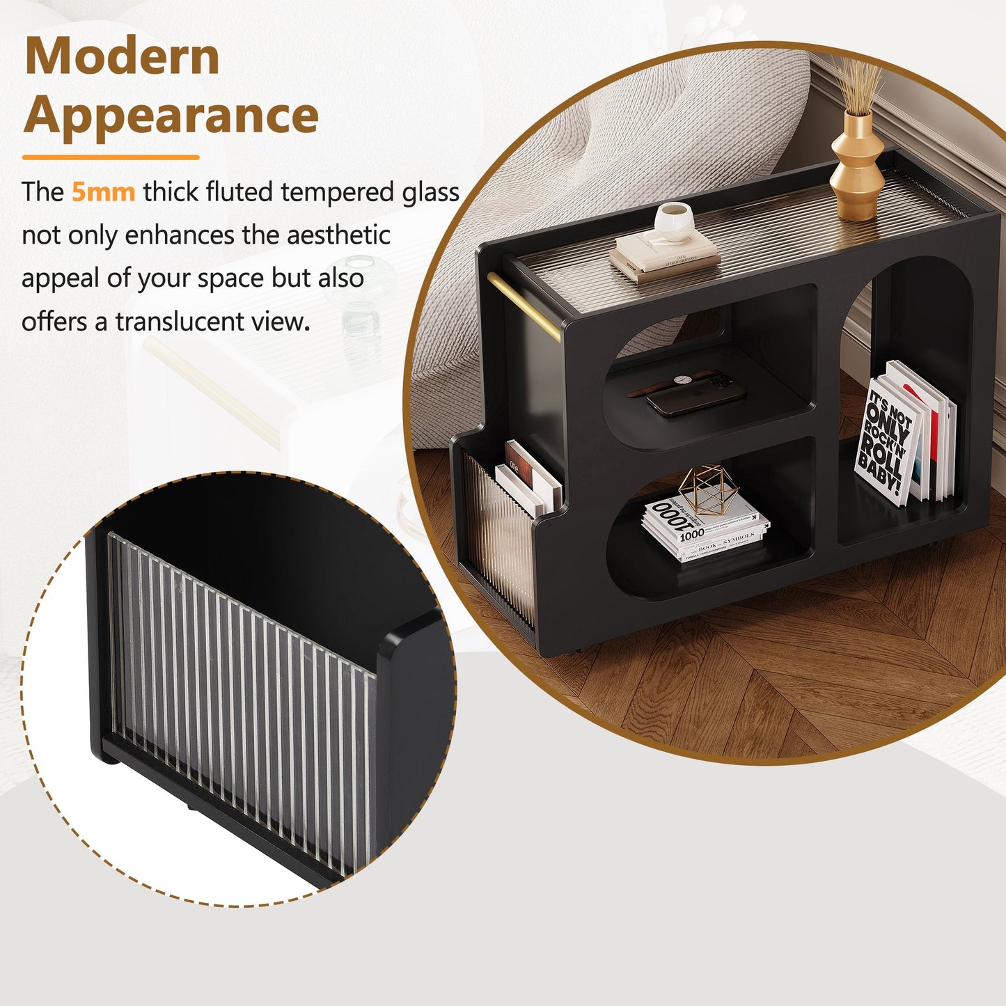 Stylish mobile desk with lockable wheels,bedside table with 5mm thick grooved tempered glass and gold round bars ,black eprolo