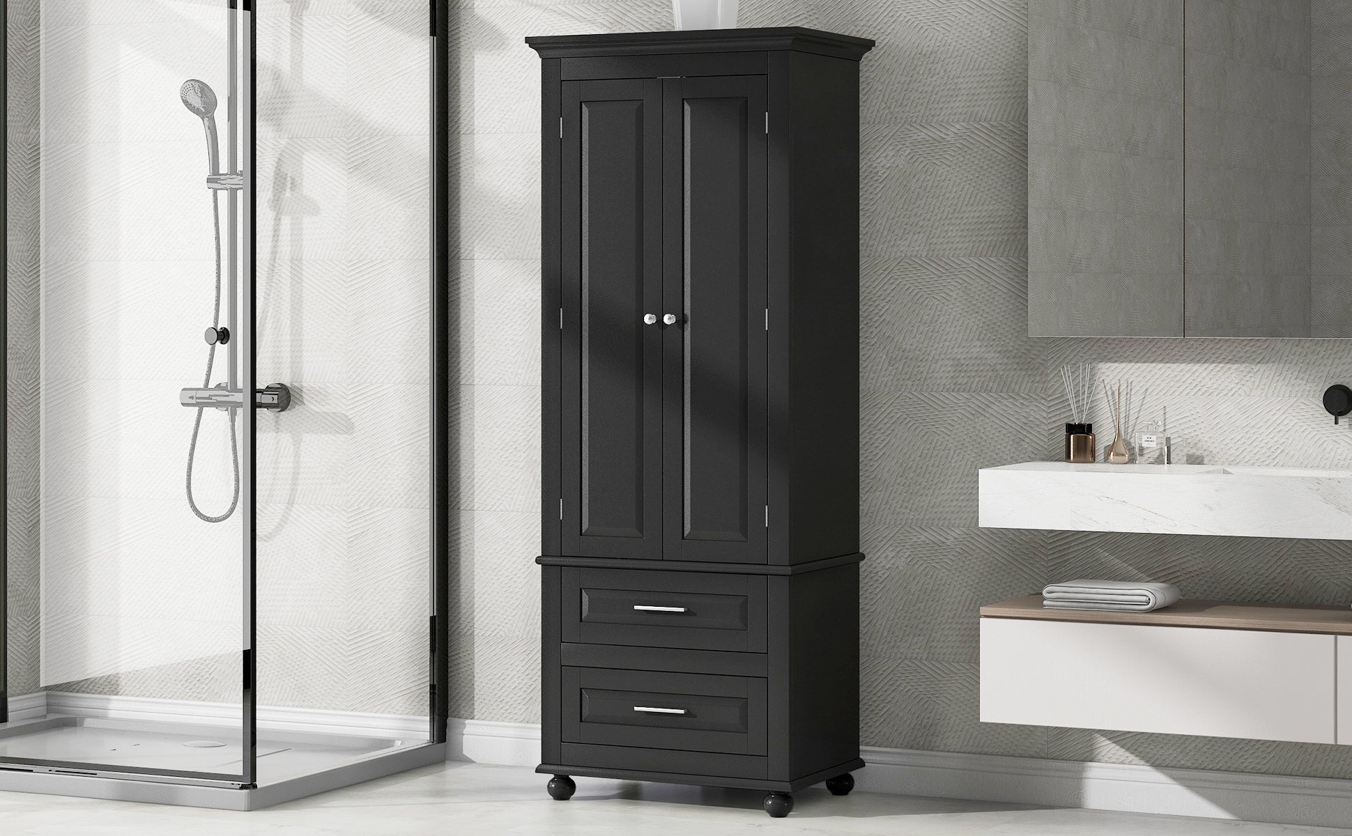 Tall Storage Cabinet with Two Drawers for Bathroom/Office, Black eprolo