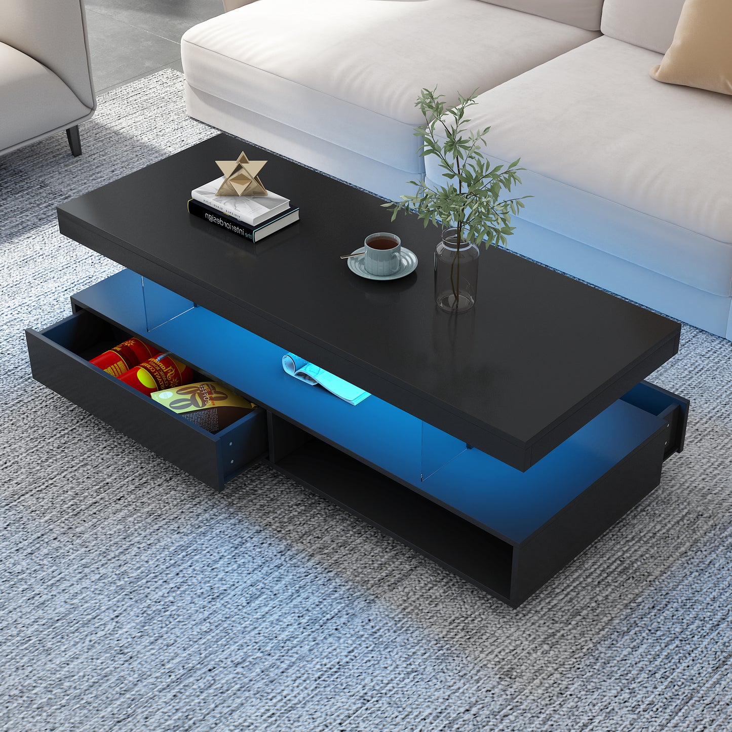 U-Can LED coffee table with storage space, modern central table with 2 drawers and display rack, equipped with LED lights, black eprolo