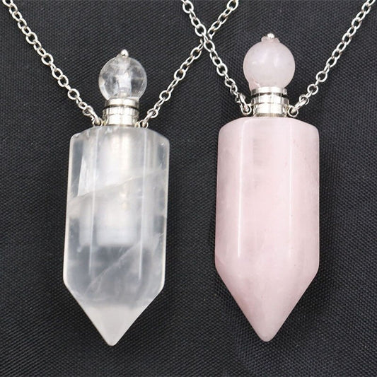 Natural Crystal Hexagonal Perfume Bottle Pendant Necklace Fluorite Pendant Essential Oil Jar Chain Necklace Shello Creative Boutique