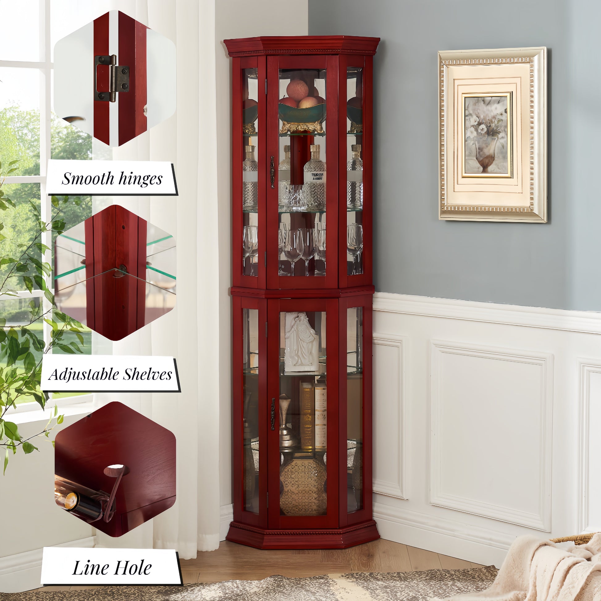 Corner Curio cabinet with illuminated glass display stand and tempered glass door, with adjustable bracket and light bulb eprolo
