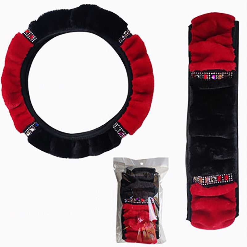 Glamorous Rhinestone Steering Wheel Cover - Soft Plush 37-38cm Universal Fit