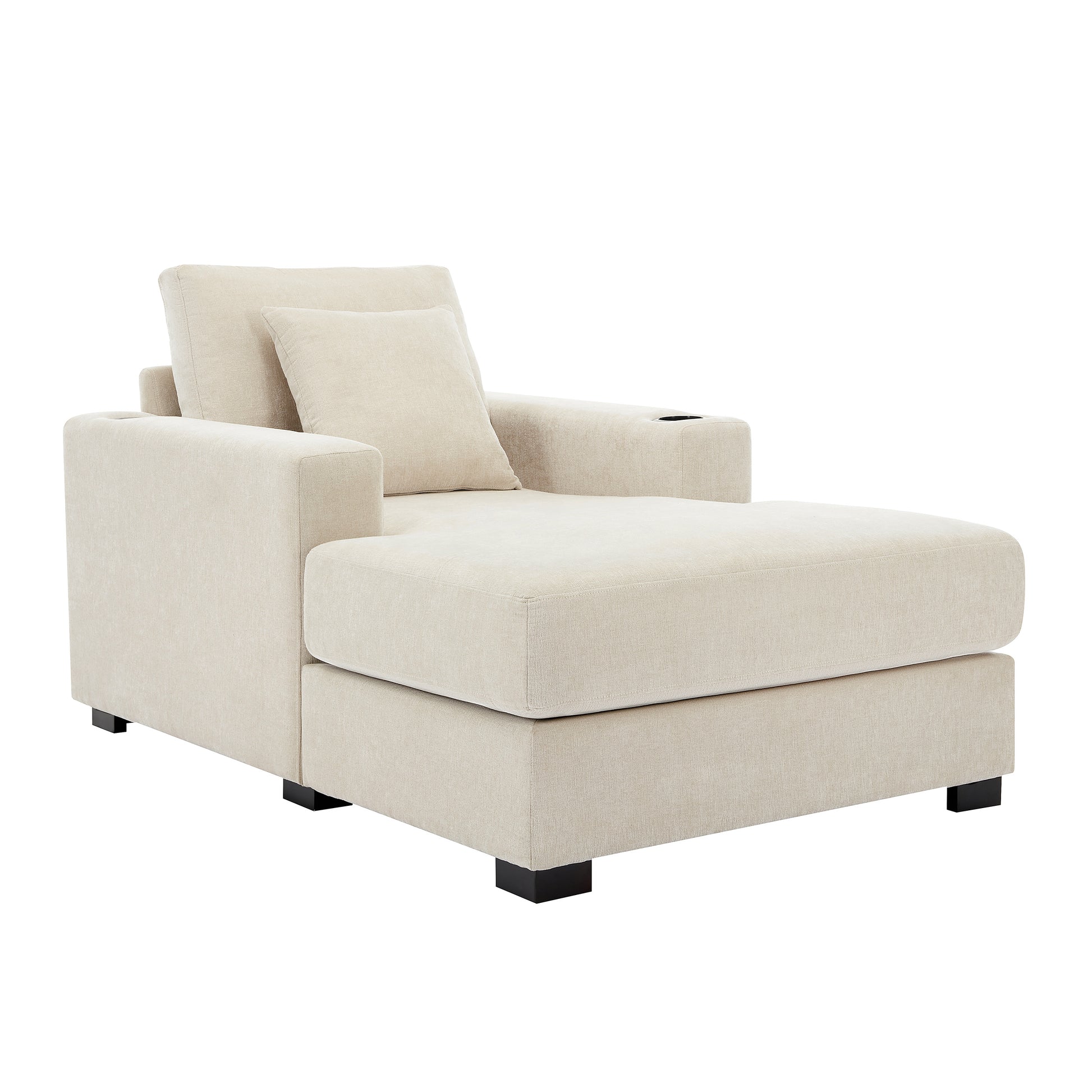 39.7" Oversized Chaise Lounger Modern Style Sofa Couch ,with Pillows, Charge Station & Cup Holders, Chenille Fabric, Cream Shello Creative Boutique