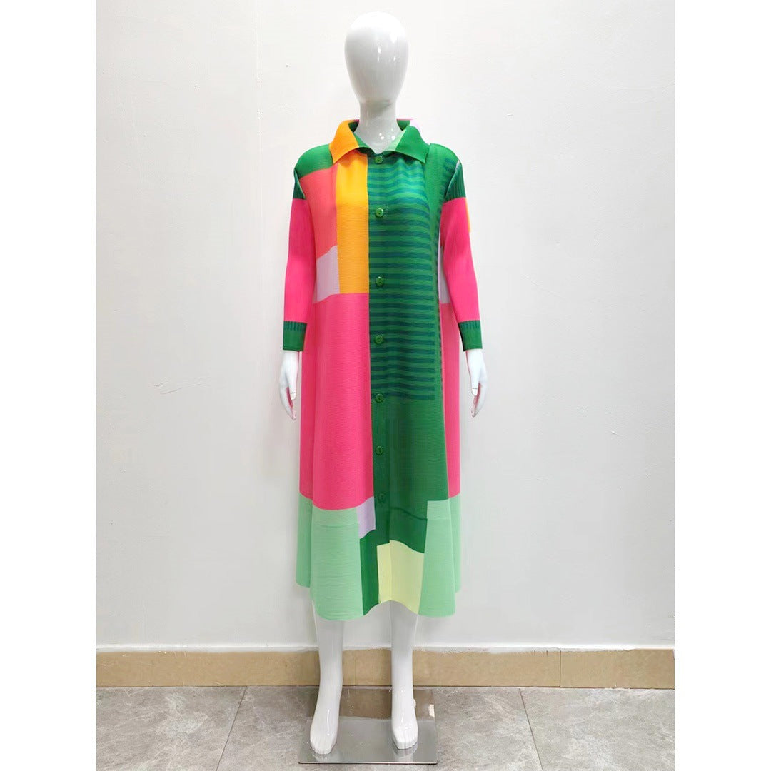 Miyake style spring pleated color blocked printed long sleeved cardigan fashionable casual plus size dress for women eprolo