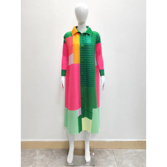 Miyake style spring pleated color blocked printed long sleeved cardigan fashionable casual plus size dress for women eprolo