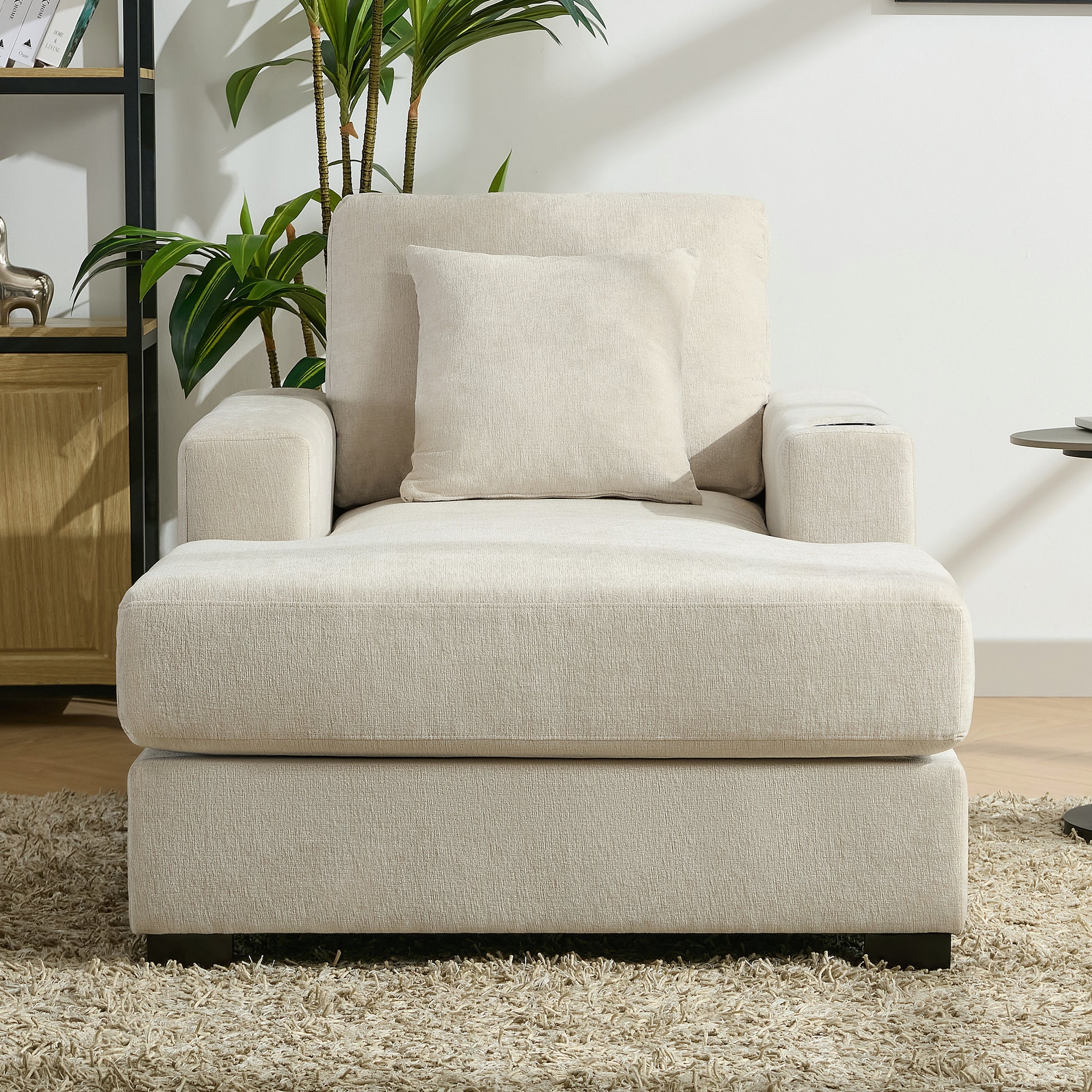 39.7" Oversized Chaise Lounger Modern Style Sofa Couch ,with Pillows, Charge Station & Cup Holders, Chenille Fabric, Cream Shello Creative Boutique