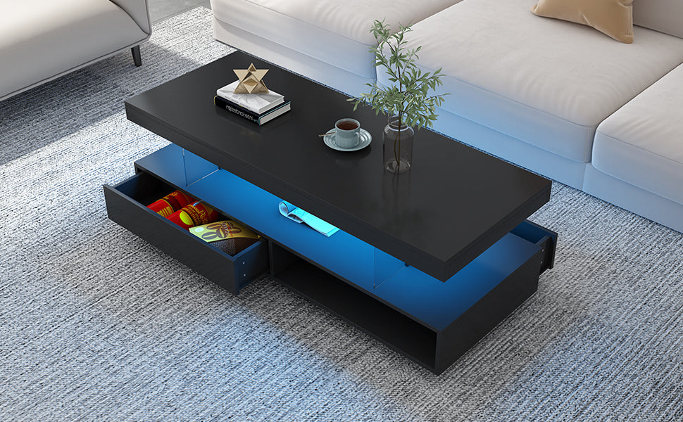 U-Can LED coffee table with storage space, modern central table with 2 drawers and display rack, equipped with LED lights, black eprolo