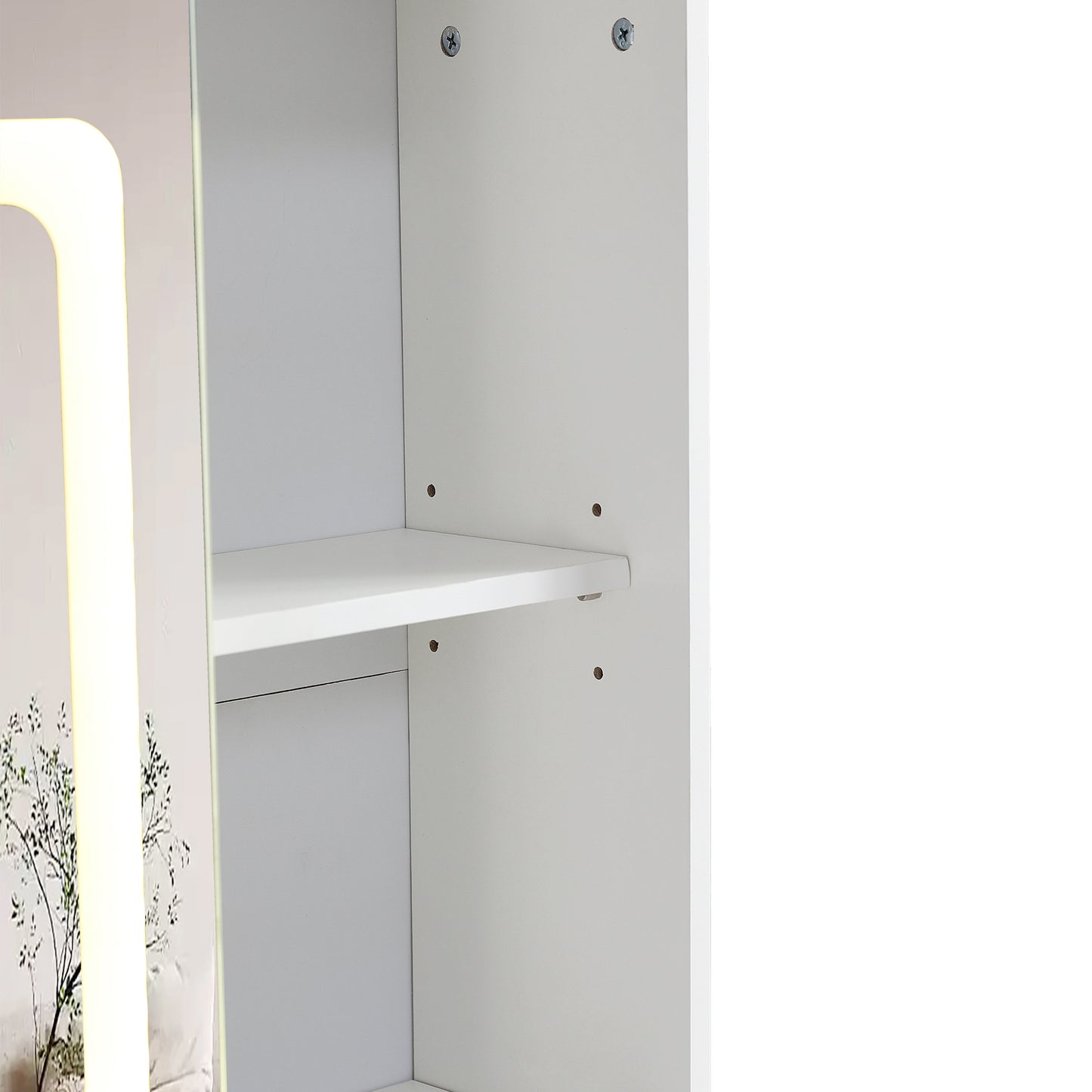 Vanity table with large sliding lighted mirror dressing table with 2 drawers storage shelves and upholstered stool white color eprolo