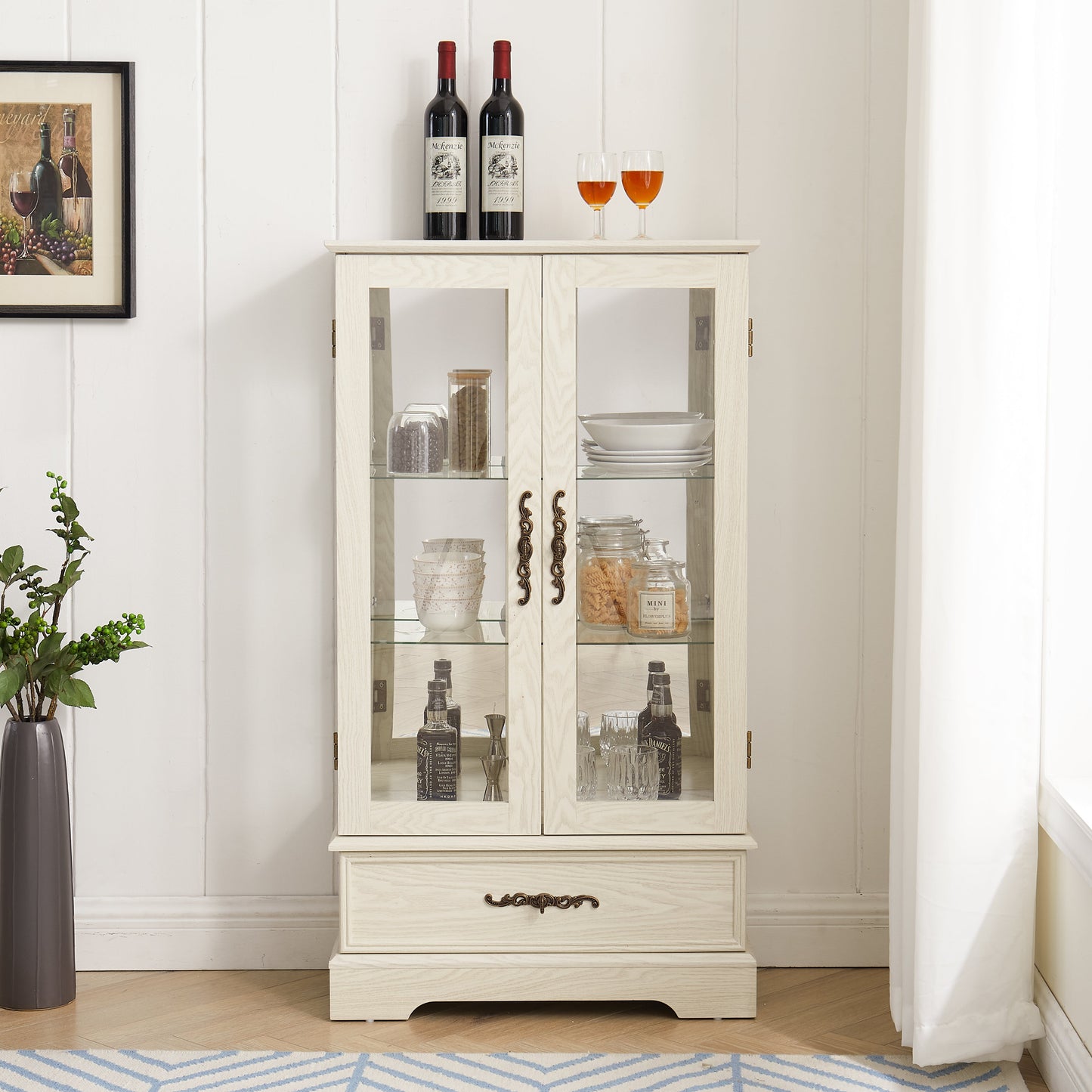 Light colored glass cabinet Curio display cabinet with adjustable glass frame, 2 doors and 1 drawer, including white light bulbs eprolo
