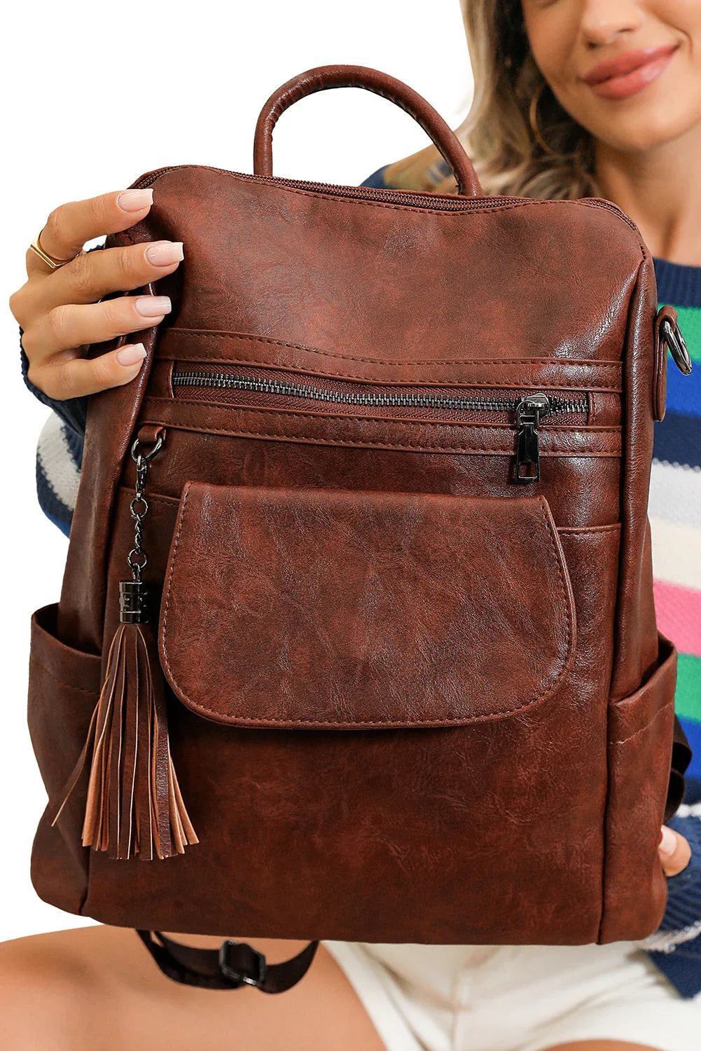 Dark Brown Tassel Retro PU Large Capacity Backpack – Vintage Chic - Shello's Creative Boutique