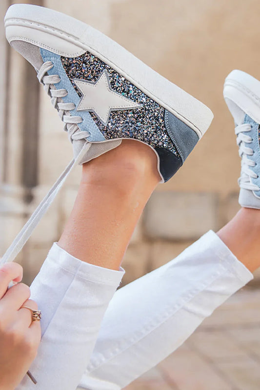 Silver Sequin Star Patch Lace Up Shoes - Shello's Creative Boutique