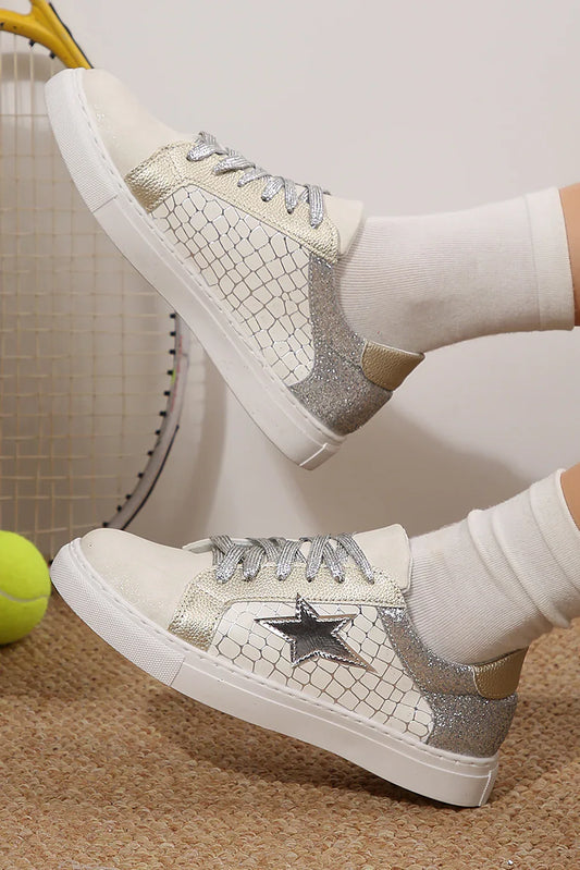 Silver Glitter Star Sneakers - PU Leather Patchwork Trainers - Shello's Creative Boutique