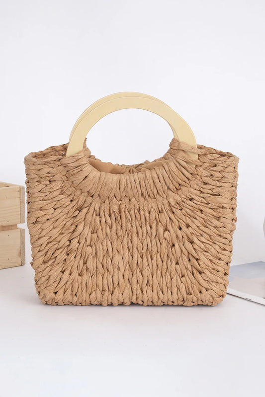Camel Retro Straw Woven Tote Bag – Eco-Chic Beach & Casual Carryall for Women - Shello's Creative Boutique