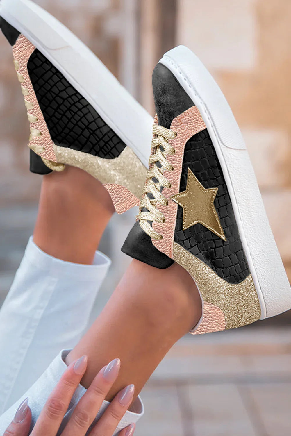 Silver Glitter Star Sneakers - PU Leather Patchwork Trainers - Shello's Creative Boutique