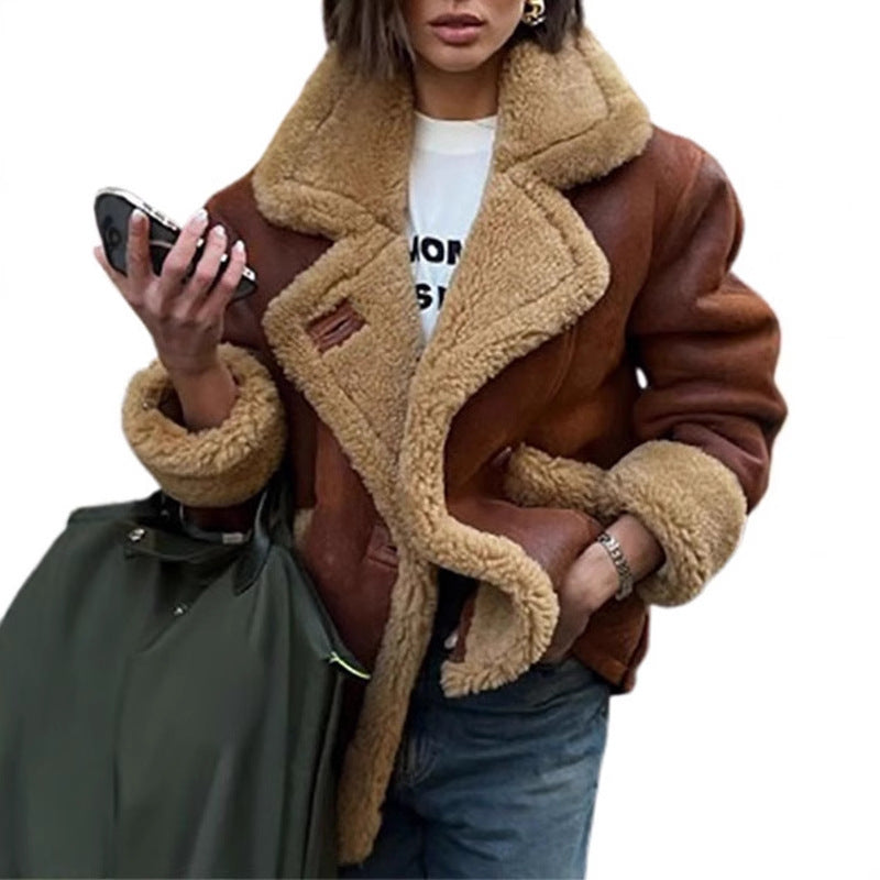European and American collar long sleeved fur one-piece jacket, autumn and winter lamb wool loose and warm comfortable casual jacket eprolo