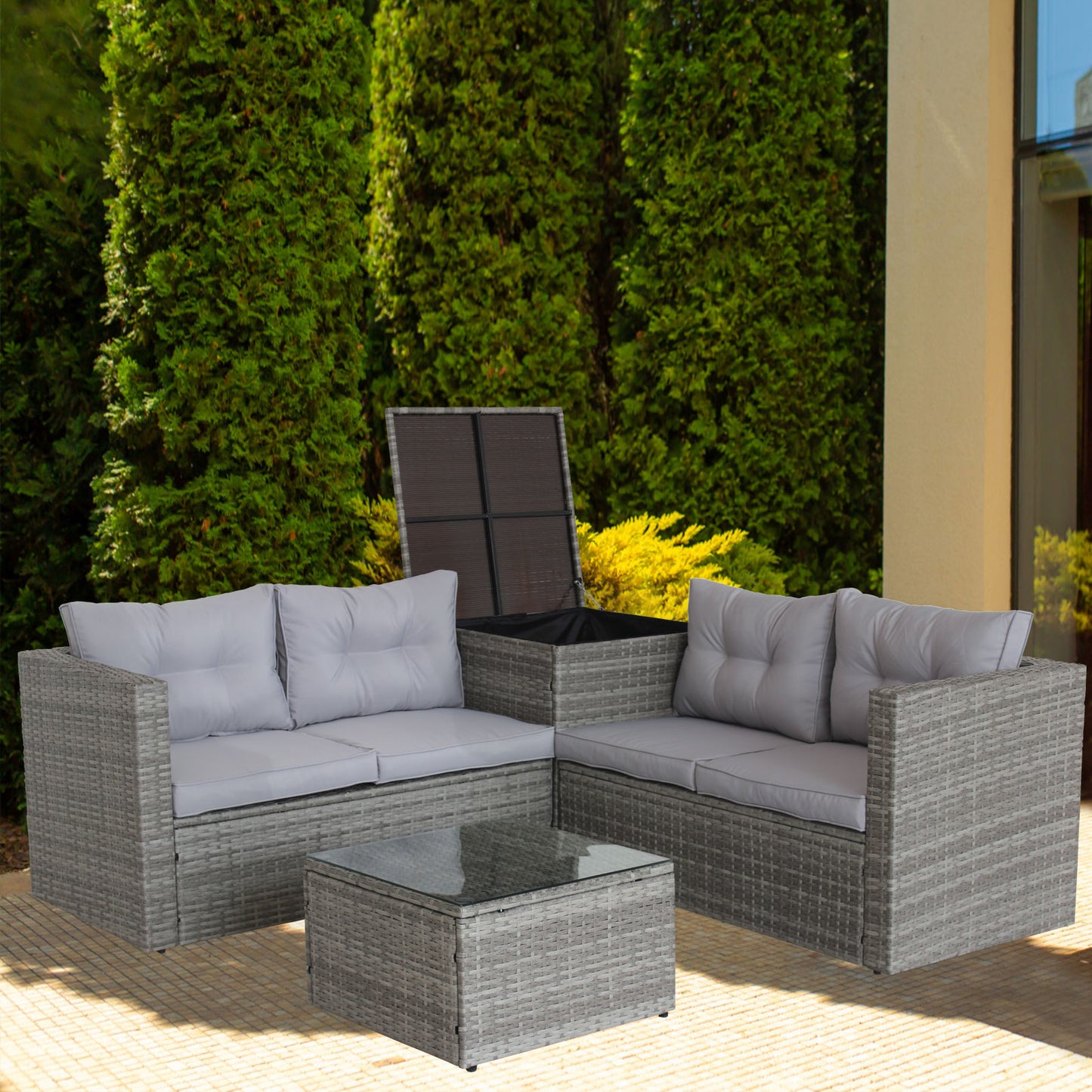 4 Piece Patio Sectional Wicker Rattan Outdoor Furniture Sofa Set with Storage Box Grey eprolo