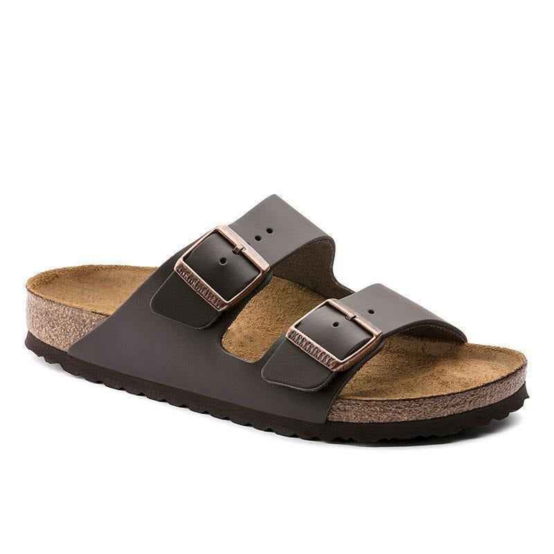 Unisex Wooden Sole Slippers with Frosted Leather Double Breasted Buttons