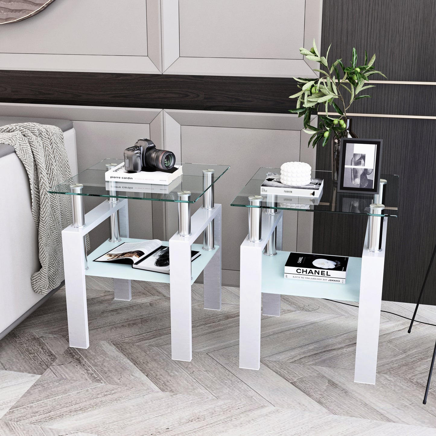 Set of 2, Modern Tempered Glass Tea Table Coffee Table End Table, Square Table for Living Room, Transparent/White eprolo