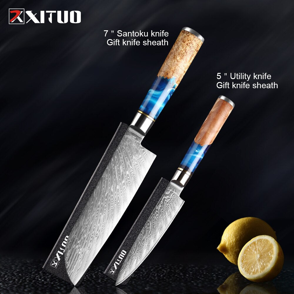 XITUO Kitchen Knives-Set Damascus Steel VG10 Chef Knife Cleaver Paring Bread Knife Blue Resin and Color Wood Handle Cooking Tool eprolo