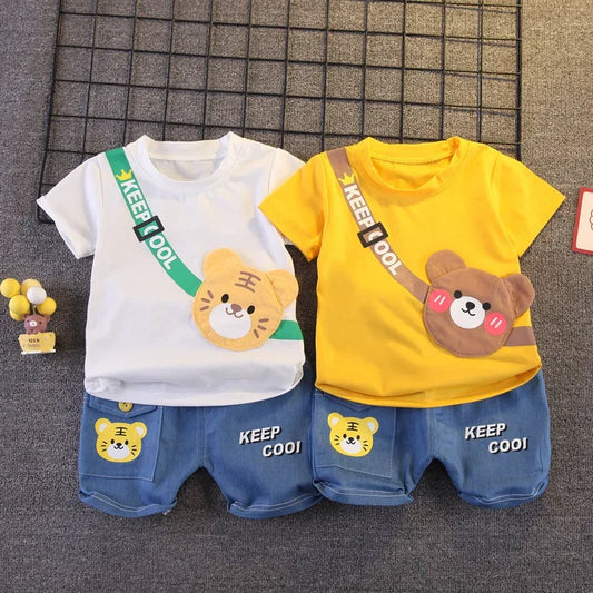 Children's clothing children's short sleeved shorts set stylish baby summer clothing children's shoulder bag T-shirt cartoon set - Shello's Creative Boutique