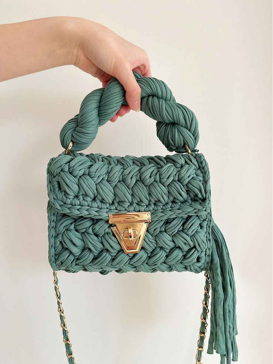 Women Crochet Shoulder Bag - Hand Woven Crochet Tassel Bag with Fried Dough Twists