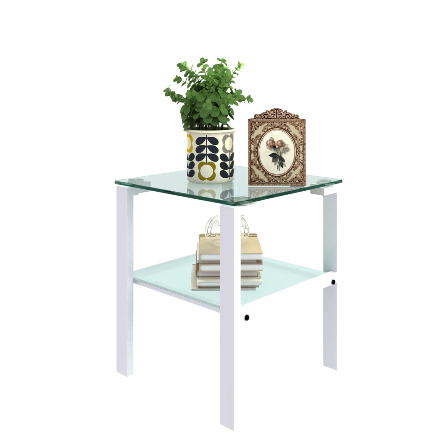 Glass two layer tea table small round table bedroom corner table living room white side table(White) eprolo