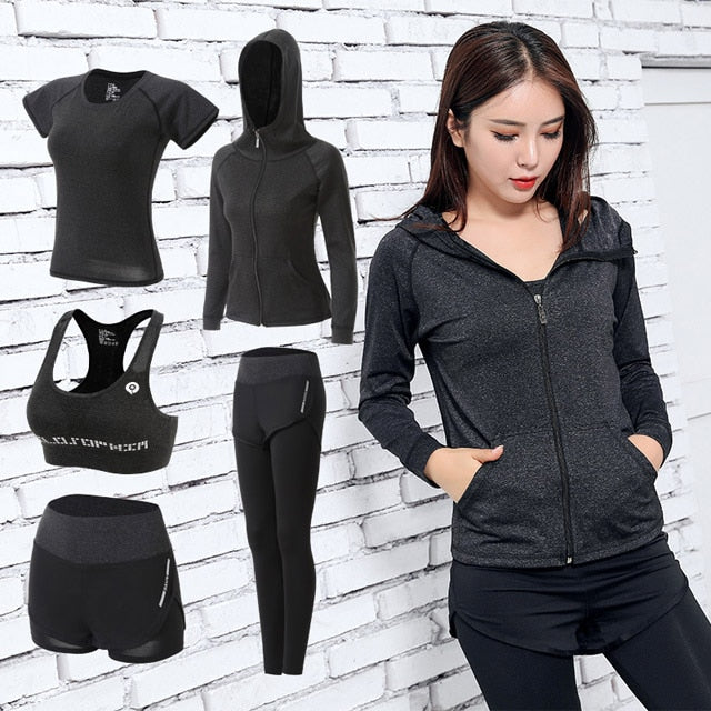 Women Yoga Sport Suit quick Dry Bra Set 5 Piece Female Short-sleeved shorts long pants Outdoor Sportswear Fitness suit eprolo