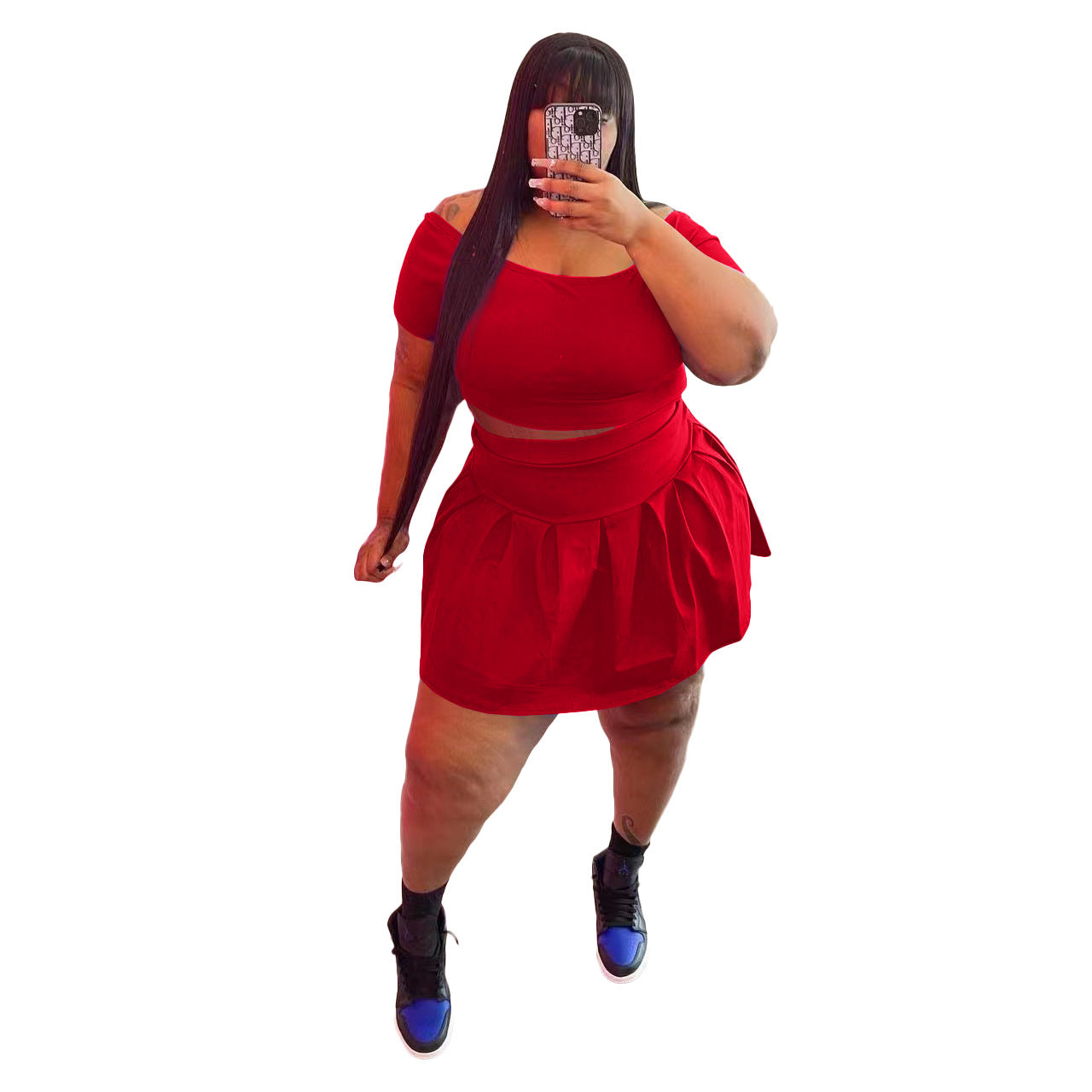 Fashion Women's New Solid Color Pleated Skirt Plus Size Two Piece Set eprolo