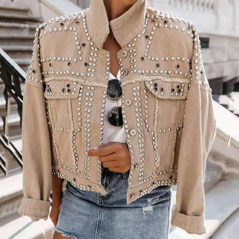 Women's Denim Stud Jacket Street Fighter Motorcycle Solid Color Short Jacket - Shello's Creative Boutique