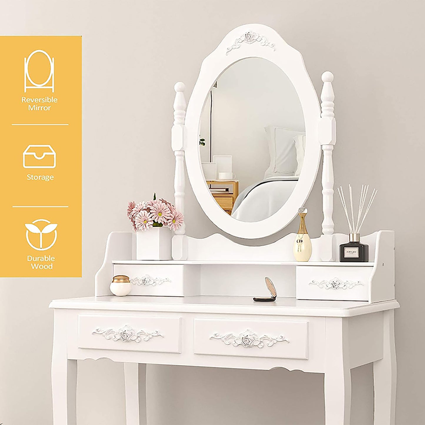 Vanity Table Set with 4 Drawer, Makeup Dressing Table w/Cushioned Stool, Girls Women Bedroom Furniture Set Oval Mirror eprolo