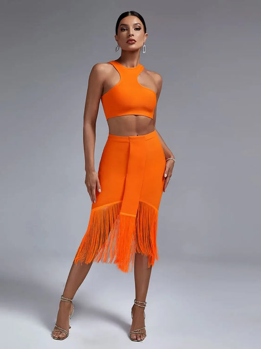 Bandage Two Piece Set Top and Skirt Women Elegant Sexy Fringed Orange 2 Piece Set Birthday Evening Party Club Outfits Summer - Shello's Creative Boutique