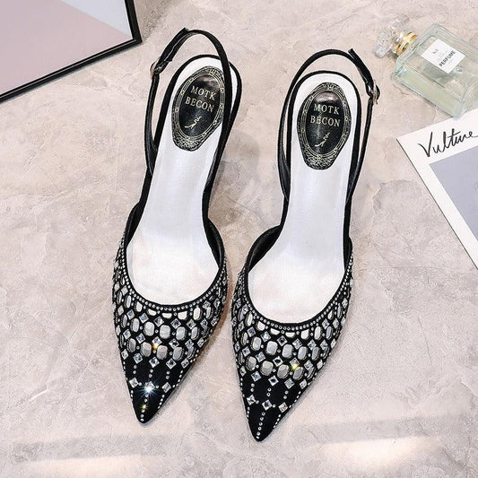 Semi-trail pointed toe rhinestone thin heel bag toe high heel strap - Shello's Creative Boutique