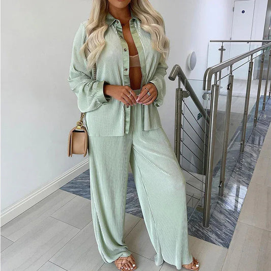 Autumn And Winter Long Sleeved Top Pants Loose Casual Pants Button Top Two Piece Suit - Shello's Creative Boutique