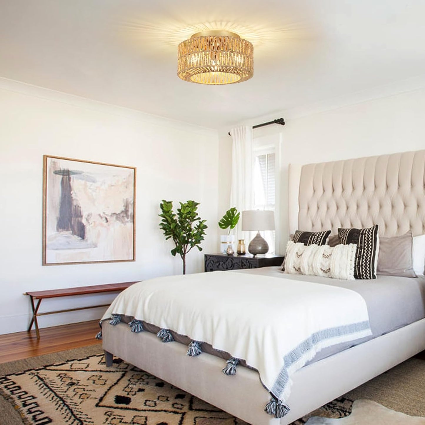 Boho Light Fixtures Ceiling Mount 3-Light Farmhouse Rattan Ceiling Light Fixture Flush Mount Ceiling Light with Hand-Woven Shade eprolo