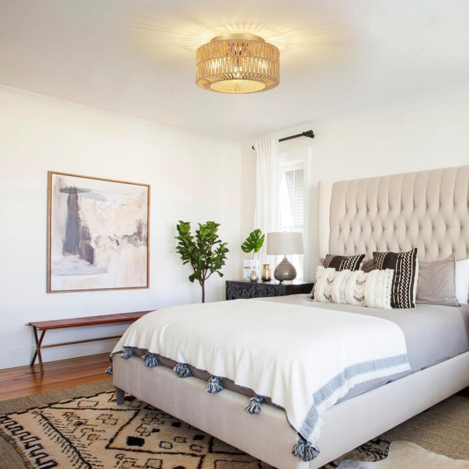 Boho Light Fixtures Ceiling Mount 3-Light Farmhouse Rattan Ceiling Light Fixture Flush Mount Ceiling Light with Hand-Woven Shade eprolo