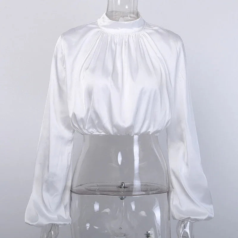 Satin Lantern Sleeve Blouse - Turtleneck Cropped Top - Shello's Creative Boutique