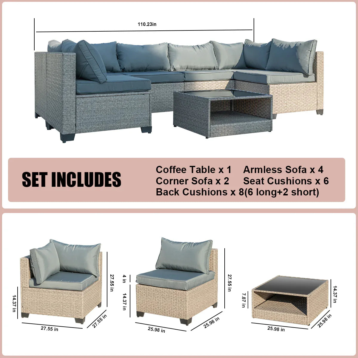 7-Piece Patio Furniture Set, All-Weather Boho Outdoor Conversation Set Sectional Sofa with Water Resistant Grey Thick Cushions - Shello's Creative Boutique