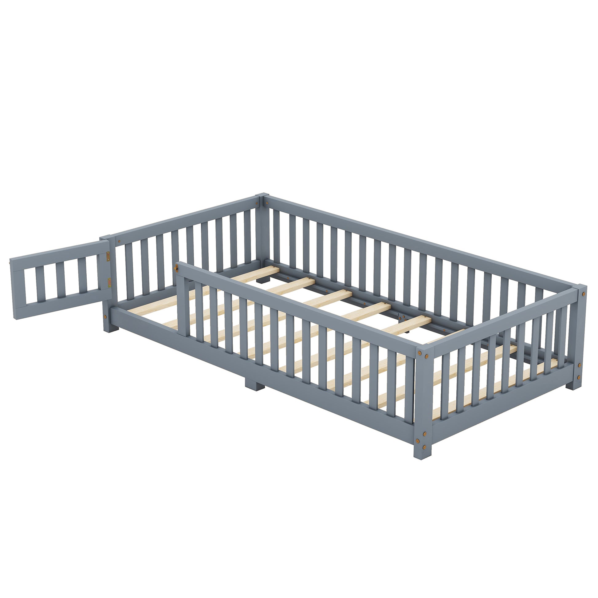 Twin Size Bed Floor Bed with Safety Guardrails and Door for Kids, Gray eprolo
