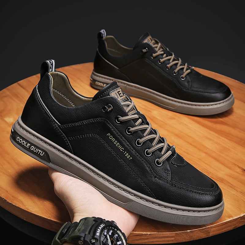 Men's Casual Leather Sneakers - Versatile Sports Shoes and Thick Soled White Sneakers