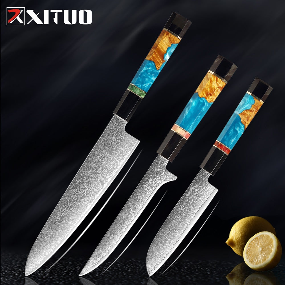 XITUO Damascus Stainless Steel Kitchen Knives Set High Quality Chef Knife Cleaver Paring Knife Stable wood&resin&horn Handle eprolo