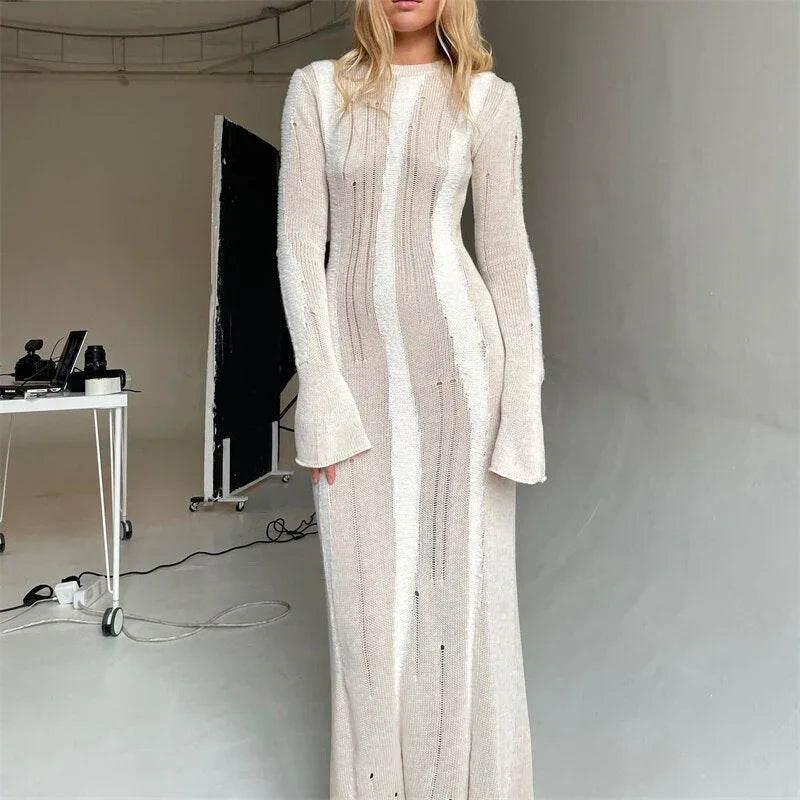 Knitted O-Neck Long Sleeve Bodycon Sweater Dress – Sexy Y2K Midi for Autumn & Winter - Shello's Creative Boutique