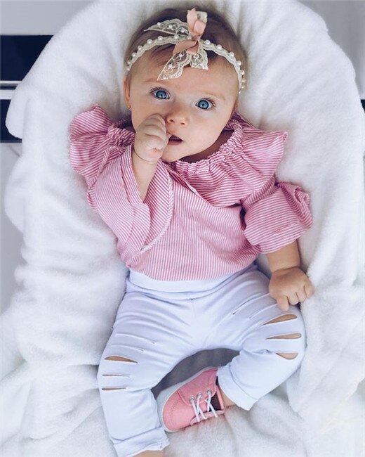 2PCS Baby Girls Clothing Set Girls Off Shoulder Romper +White Ripped Jeans Pants Infant Pink Outfits Newborn Clothes Sets eprolo
