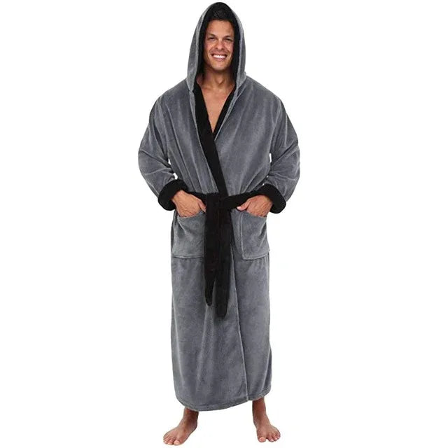 Men Bathrobe Men's Winter Lengthened Plush Shawl Bath Robe Home Clothes Long Sleeved Robe Coat - Shello's Creative Boutique